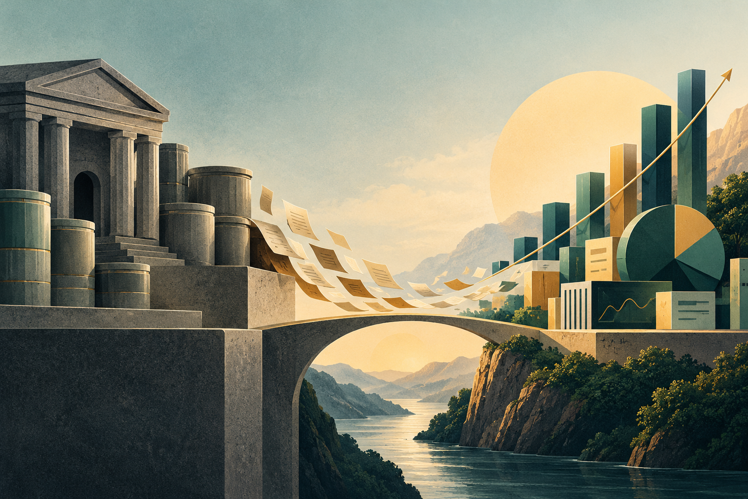 A textured editorial illustration in muted teal, warm gold, and charcoal. A classical bank building surrounded by stacks of coins represents traditional savings, while rising bar charts, a pie chart, and financial documents represent market-linked investments. The composition illustrates how Indian