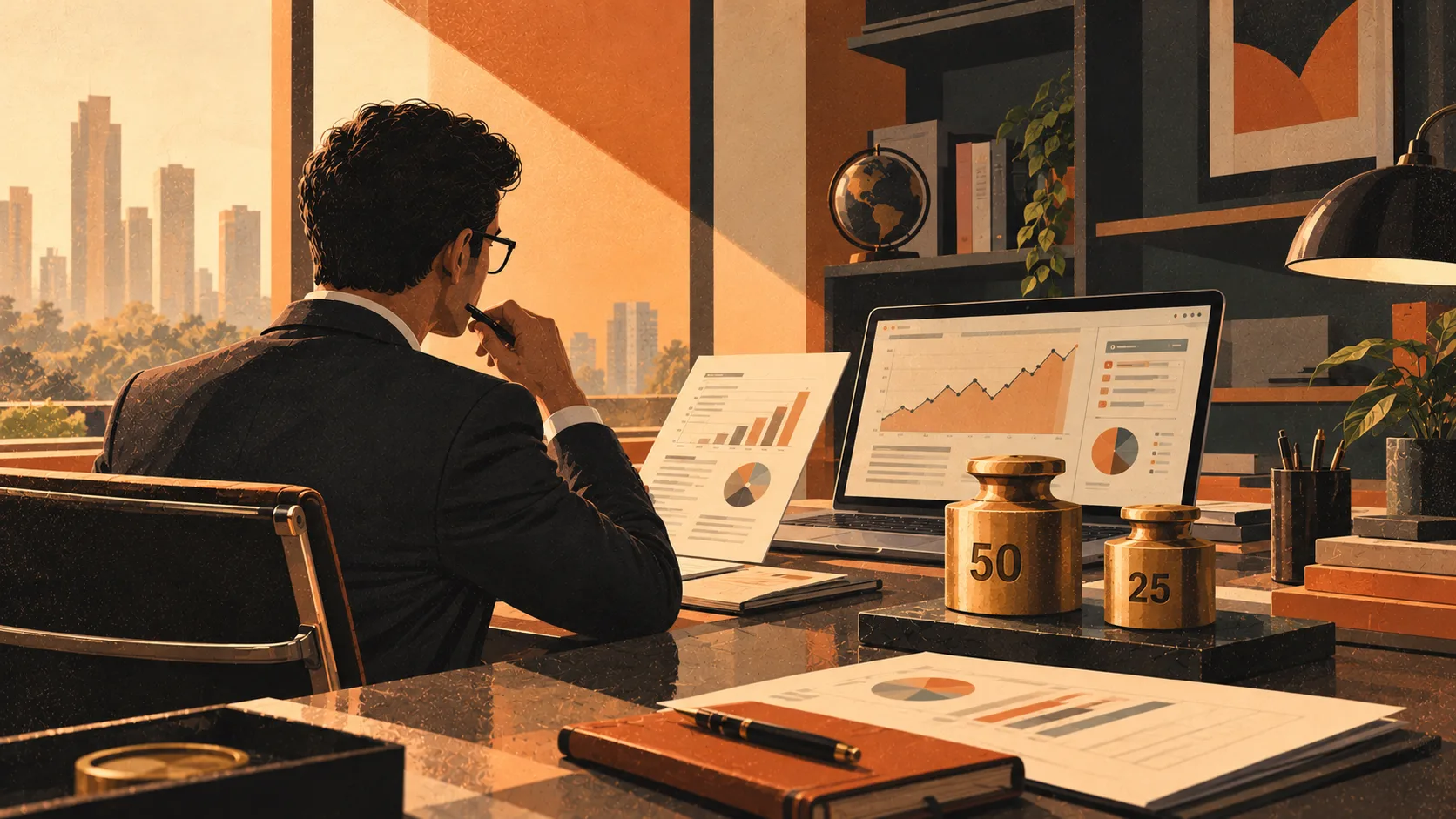 Vintage-style illustration of two brass weights marked 50 and 25 on a financial ledger, alongside a laptop displaying investment charts, representing SEBI's new ₹25 lakh PRIM minimum compared with the ₹50 lakh PMS requirement.