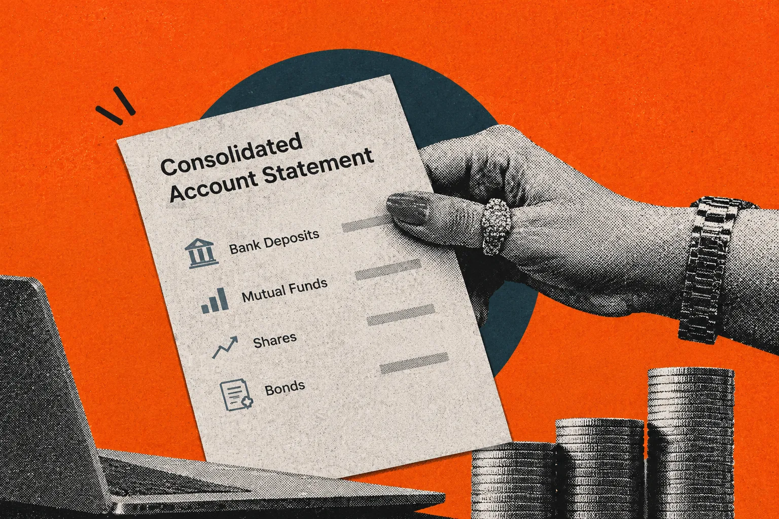 Halftone-style illustration of a hand holding a Consolidated Account Statement listing bank deposits, mutual funds, shares and bonds, representing the RBI's move to bring bank balances into a single financial statement.