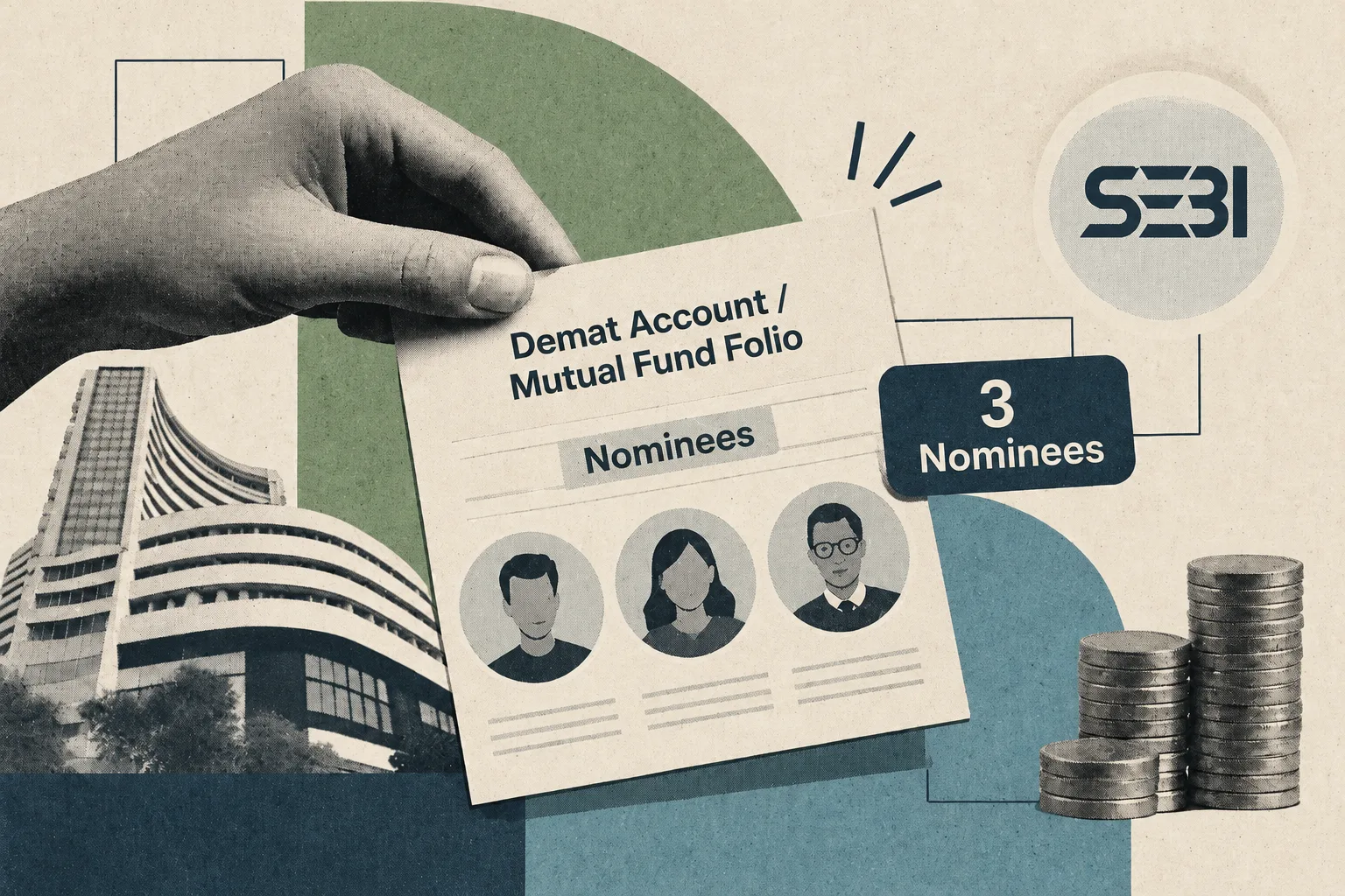 Vintage-style editorial collage of a hand holding a demat account and mutual fund nomination form featuring three nominees, alongside the SEBI logo, Bombay Stock Exchange building and coin stacks, illustrating SEBI's revised three-nominee limit.