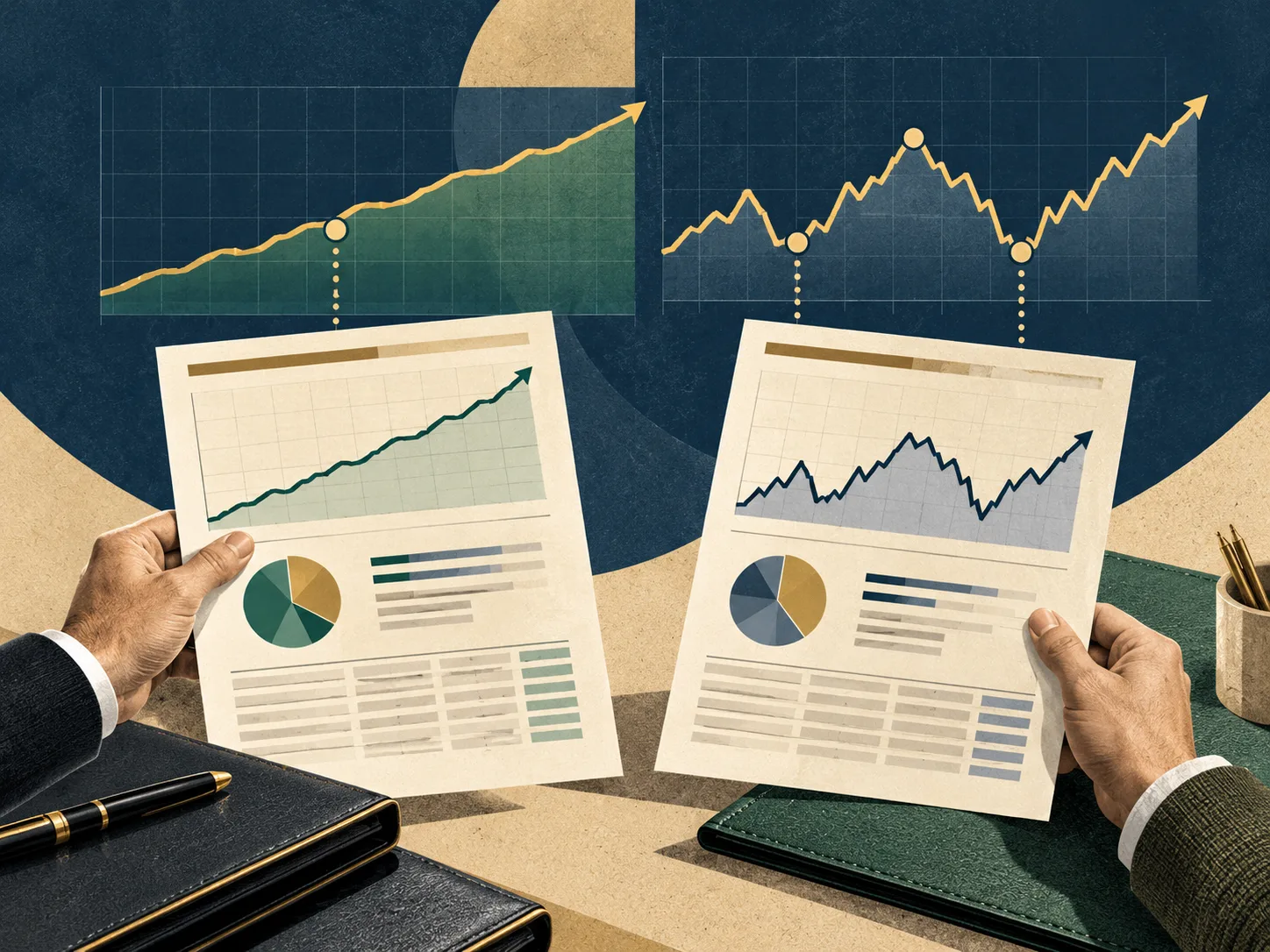 Editorial illustration comparing two Portfolio Management Services (PMS) performance reports, showing the difference between a strategy’s time-weighted return (TWRR) and an individual investor’s actual return (XIRR) through contrasting investment charts.