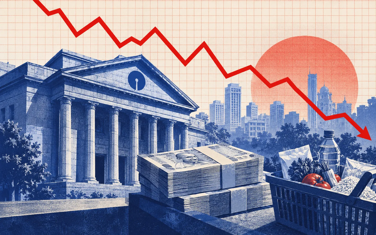 An editorial illustration showing how taxes and inflation erode the real returns on a ₹1 crore fixed deposit. An Indian bank, stacks of rupee notes, and a grocery basket illustrate the gap between nominal earnings and purchasing power, while a declining red graph represents the loss in real value.