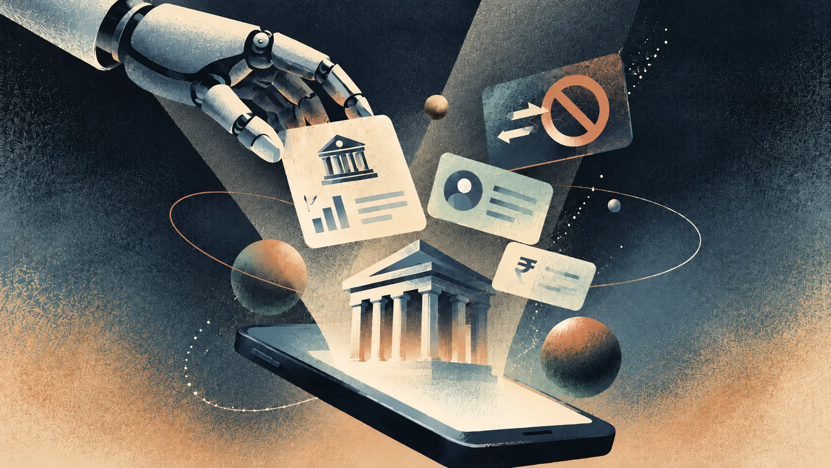 Textured editorial illustration of a robotic hand accessing financial data above a smartphone displaying a bank building, surrounded by floating account cards, a rupee symbol and a blocked transaction icon. Muted navy, slate blue and beige tones represent AI-powered banking, data access and financia
