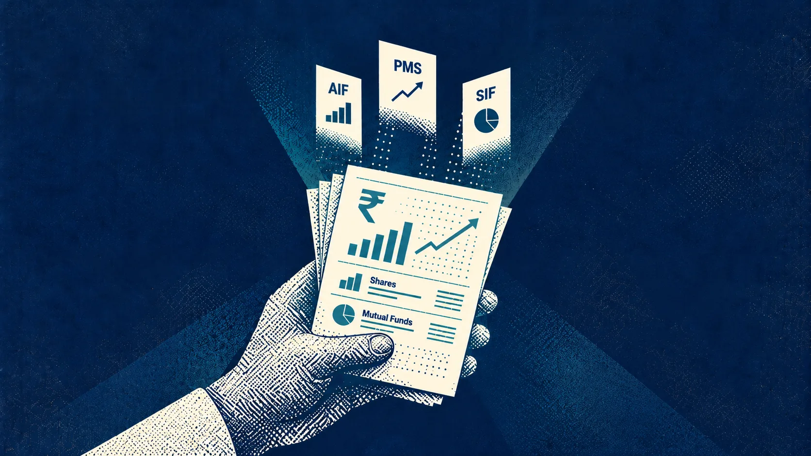 Textured halftone illustration of a hand holding a shares and mutual funds portfolio statement, with AIF, PMS and SIF investment cards emerging above it, representing access to accredited investor opportunities under SEBI's proposed ₹5 crore securities holdings threshold.