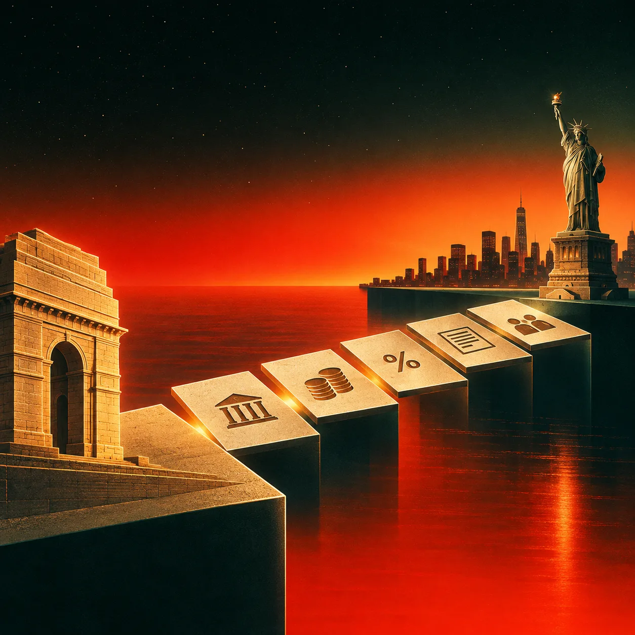 A retro-futuristic illustration depicting the journey of Indian investments into US markets. A series of financial symbols representing remittances, taxation, compliance and estate planning forms a pathway from India to the United States, highlighting the complexities of cross-border investing.