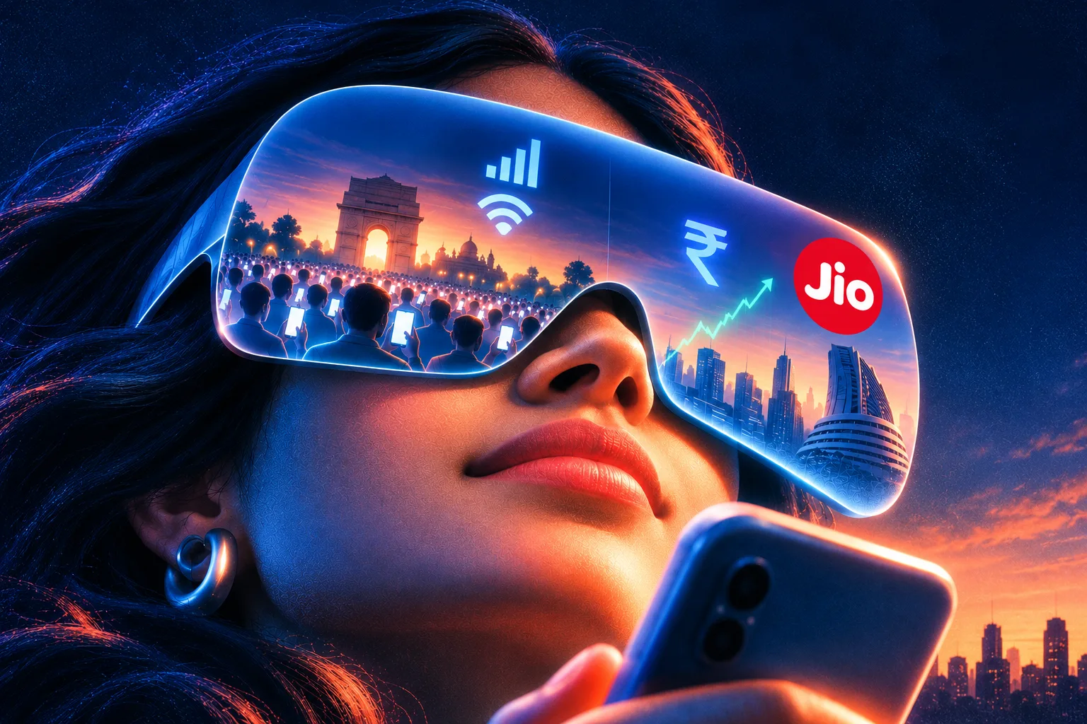 Retro-futuristic illustration of an Indian woman wearing glowing blue smart glasses featuring the Jio logo, India Gate, mobile connectivity symbols, and a rising stock market graph, representing Jio's role in expanding affordable internet access and retail investing in India.