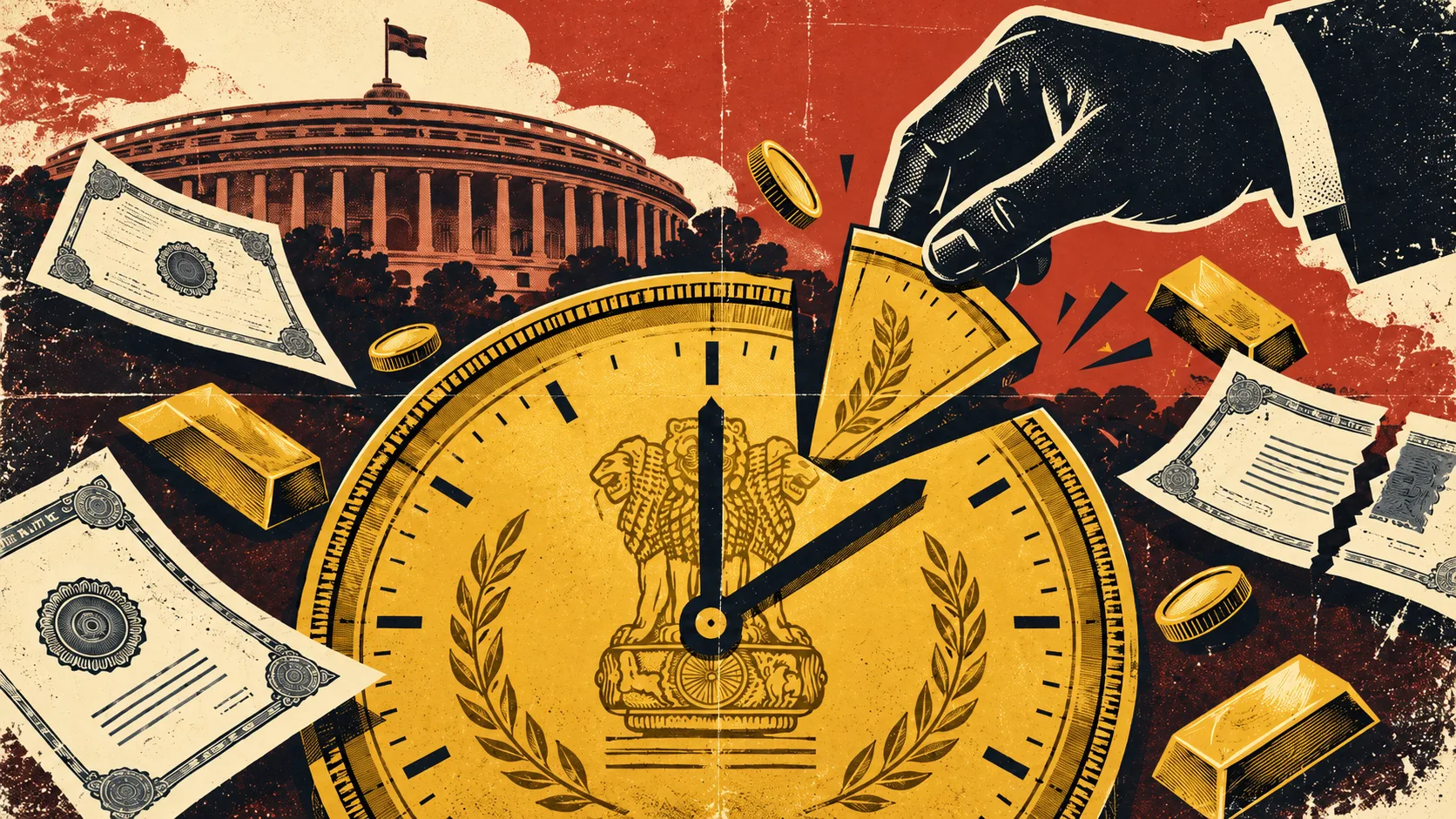 Vintage-style illustration of a golden sovereign gold bond depicted as a clock, with a hand removing a portion to symbolise taxation on early redemption. Gold bars, bond certificates and the Indian Parliament appear against a textured red background.
