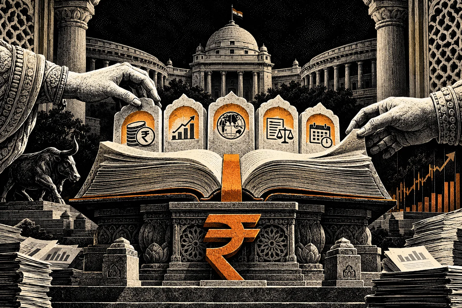 Vintage-style illustration of an open financial rulebook featuring five regulatory changes, framed by Indian government architecture, a rupee symbol, stock market graphics and sculpted hands, representing SEBI's 2026 Portfolio Managers Regulations.