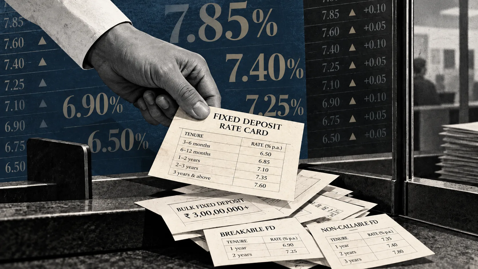 A monochromatic hand holds a fixed deposit rate card over bank documents showing ₹3 crore bulk deposits, breakable and non-callable FDs. A textured navy-blue background displays interest rates, illustrating RBI's new daily bulk deposit rate disclosure rules.