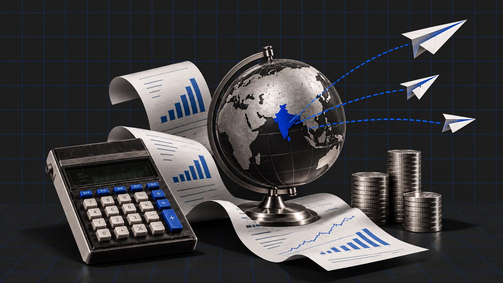 A metallic globe with India highlighted in blue, surrounded by financial charts, a calculator, and stacks of coins. Paper airplanes flying outward from India symbolise the growing flow of overseas investments by Indian residents.