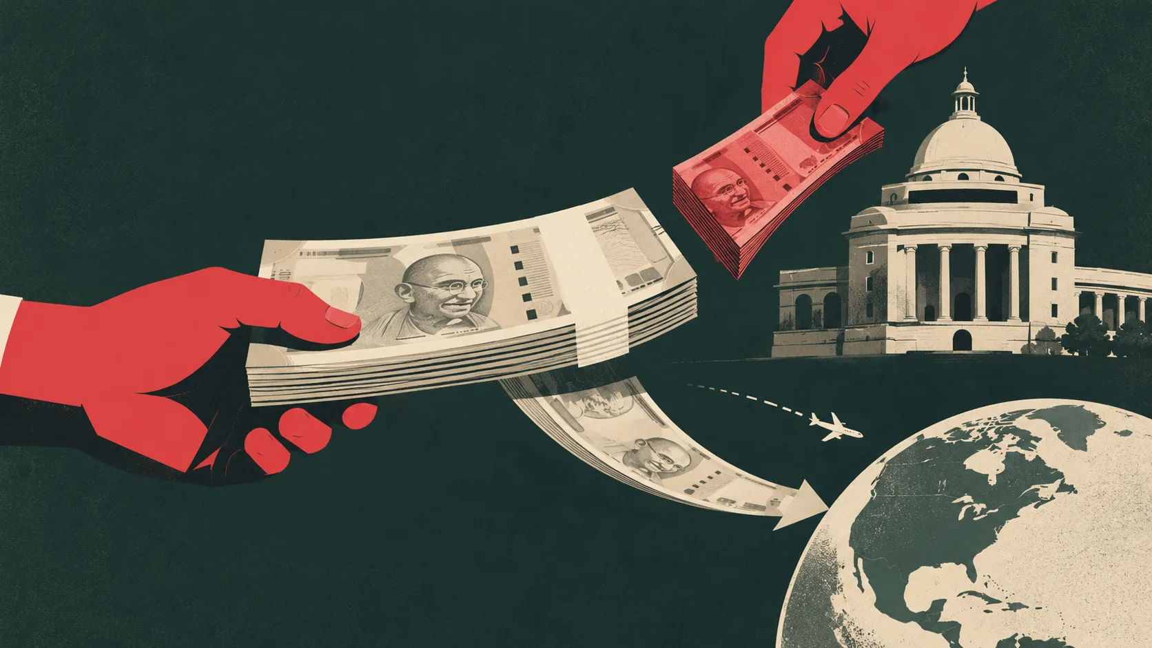 Editorial illustration showing Indian rupee notes being divided between an overseas investment transfer and tax collection by the Indian government. A globe, airplane and government building represent international remittances and the 20% Tax Collected at Source (TCS).