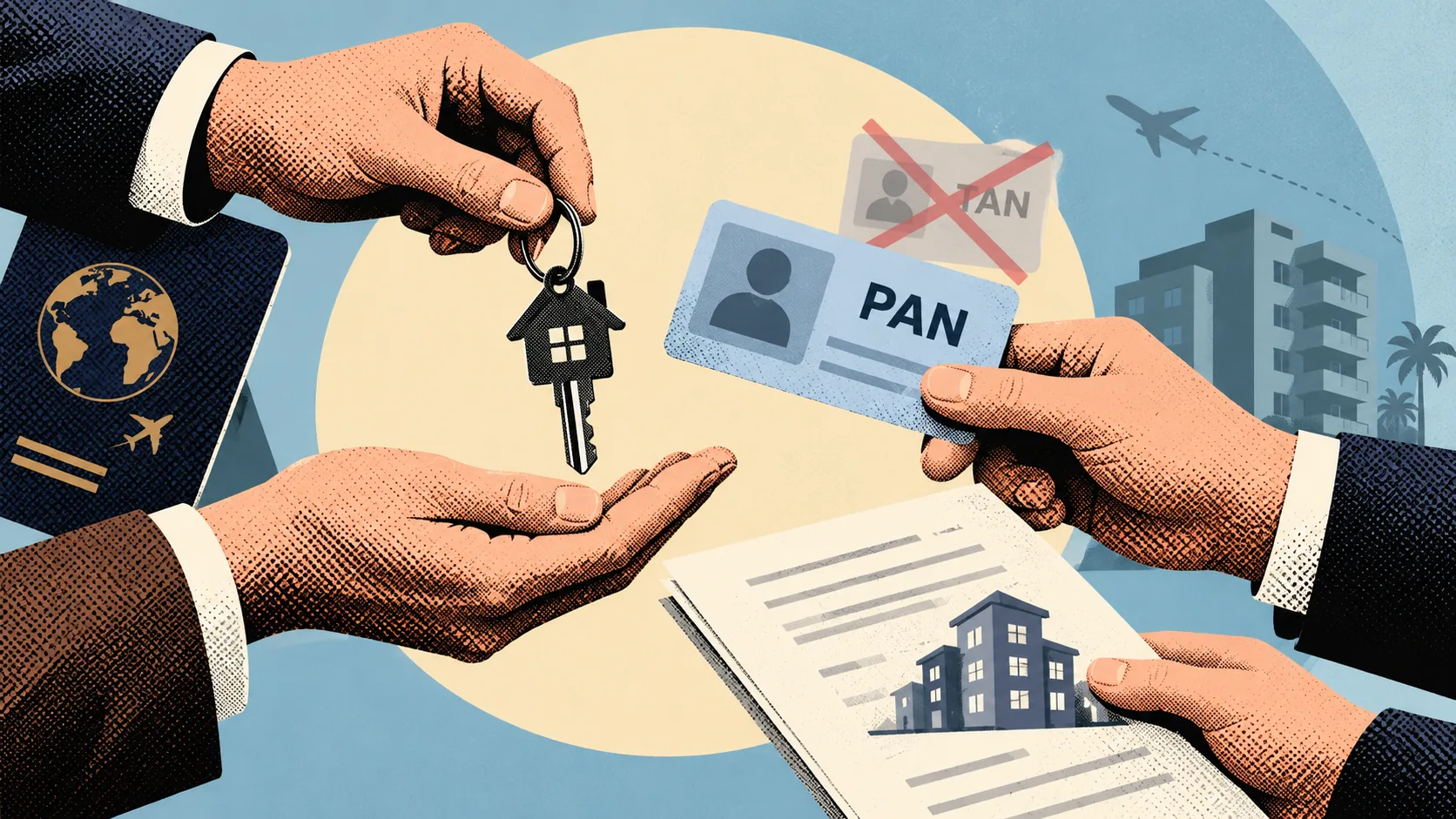 Editorial illustration showing a property key exchange, a PAN card replacing a crossed-out TAN card, and a property agreement, representing simplified TDS compliance for Indian residents buying property from NRIs.