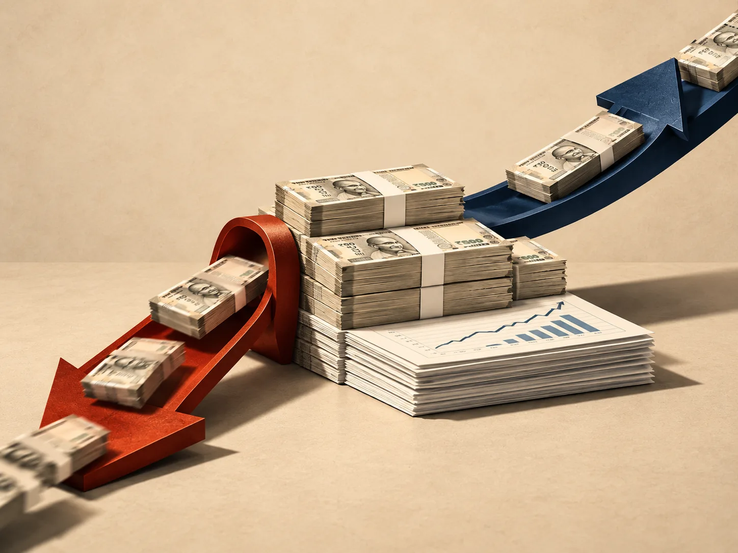 Bundles of Indian rupee notes move in opposite directions along rust-red and navy-blue arrows, symbolising foreign investor outflows and domestic mutual fund inflows. The money rests against a warm beige background, representing contrasting investment flows in Indian equity markets.