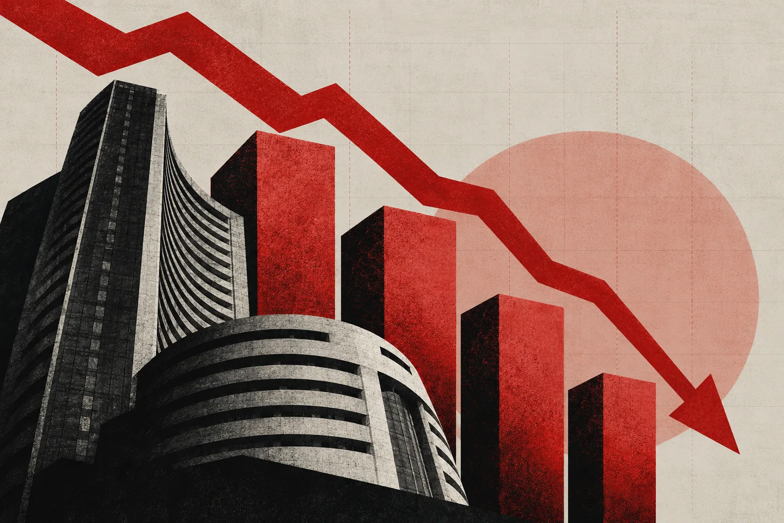 Editorial illustration of the Bombay Stock Exchange building alongside descending red bars and a downward-pointing arrow, symbolising the Nifty 50's decline and the sharp weekly fall in Indian smallcap stocks.