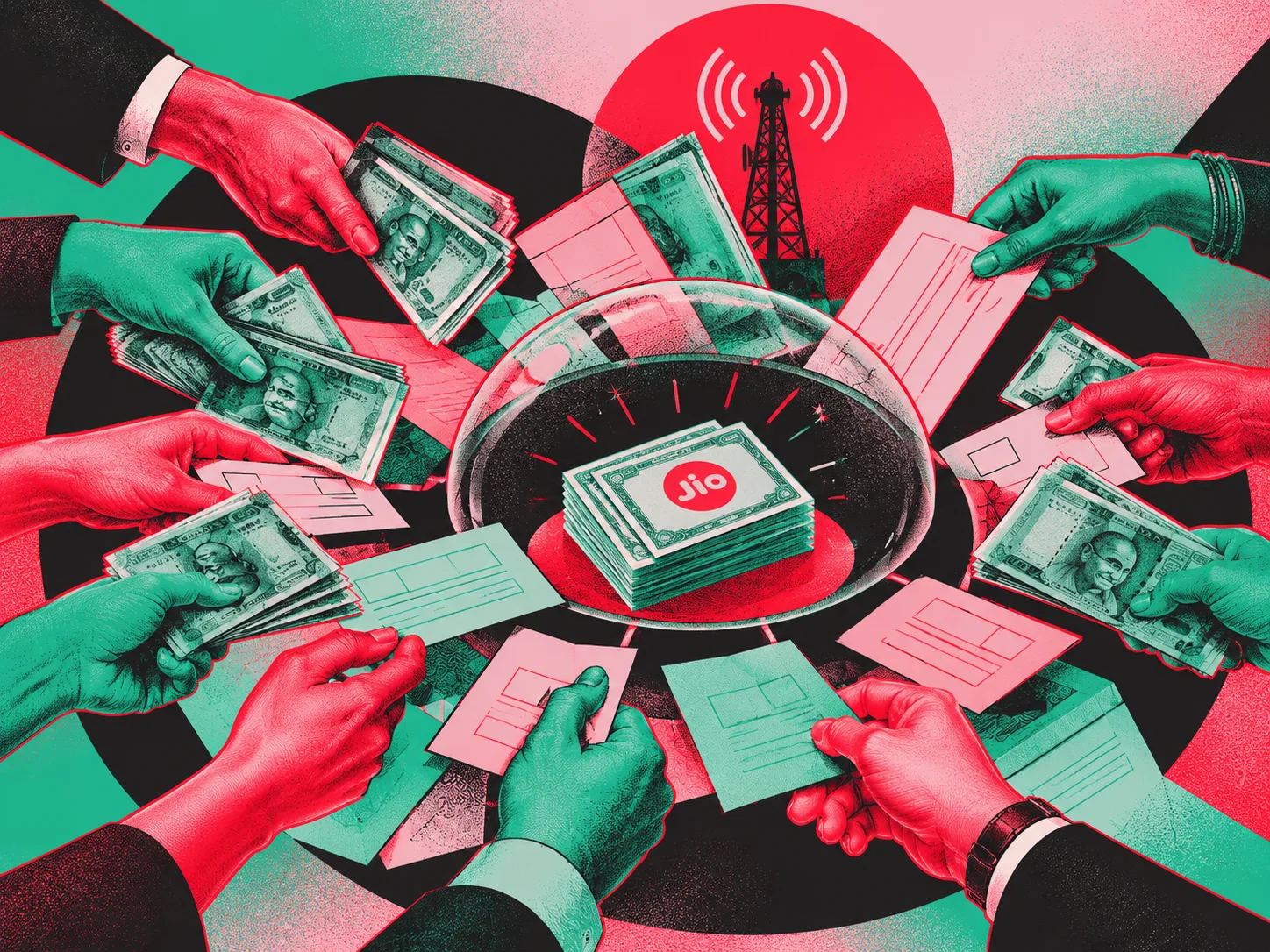 Editorial collage illustrating Jio Platforms’ heavily oversubscribed IPO, with multiple hands holding Indian rupee notes and application forms surrounding a central allotment pool containing a small stack of Jio shares. A telecom tower in the background symbolizes Jio’s business, while the limited s