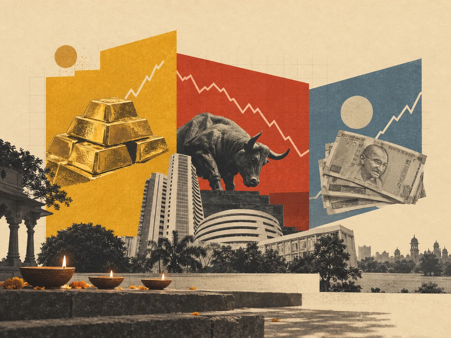 Editorial-style collage illustrating India's financial markets during Samvat 2082. Gold bars appear against a rising golden graph, a bull stands before the Bombay Stock Exchange with a declining red graph, and Indian rupee notes appear against an upward blue graph. Diwali diyas and muted architectur
