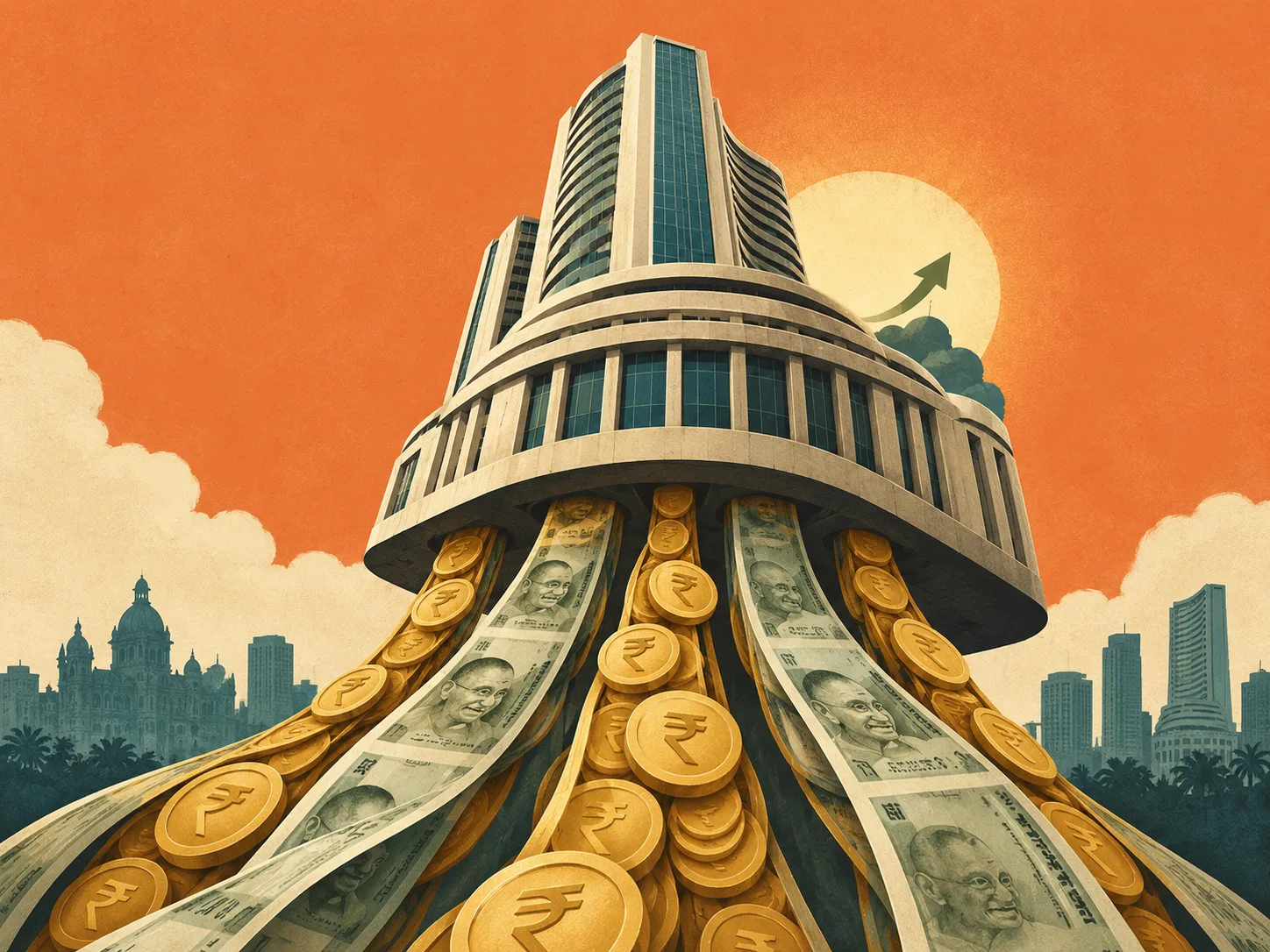 Surreal editorial illustration of the Bombay Stock Exchange building rising above streams of Indian rupee notes and gold coins, against a warm orange sky. The imagery represents the growth of India's mutual fund industry, driven largely by investor inflows.