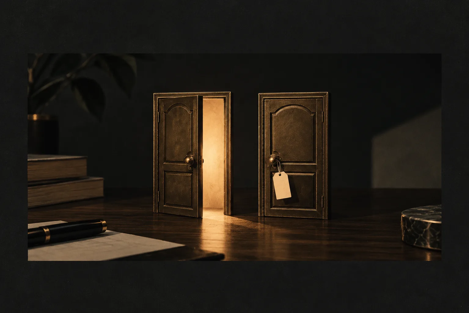 Two miniature brass doors stand on a dark wooden desk. One is slightly open, revealing a warm golden light, while the other remains closed with a small paper price tag hanging from its handle, symbolising the choice between Direct and Regular mutual fund plans and their different costs.