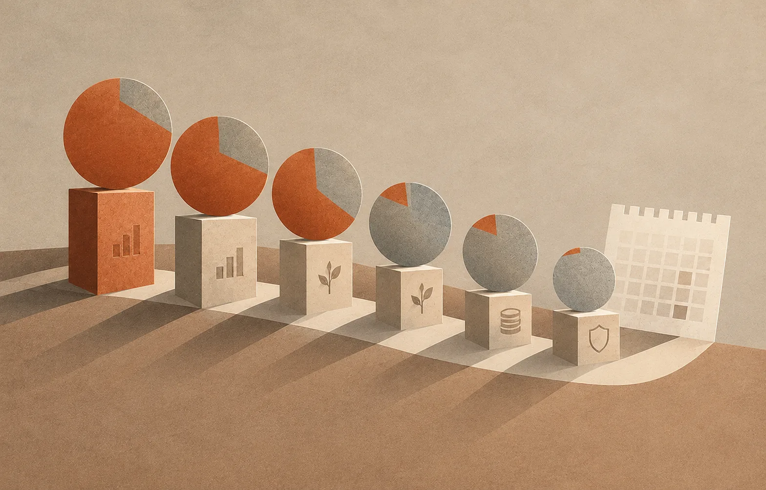 Minimalist editorial illustration showing six circular charts gradually transitioning from terracotta to grey, representing how life cycle mutual funds shift their allocation from equities to debt as they approach maturity. Set against a warm beige background with subtle financial symbols and a cale