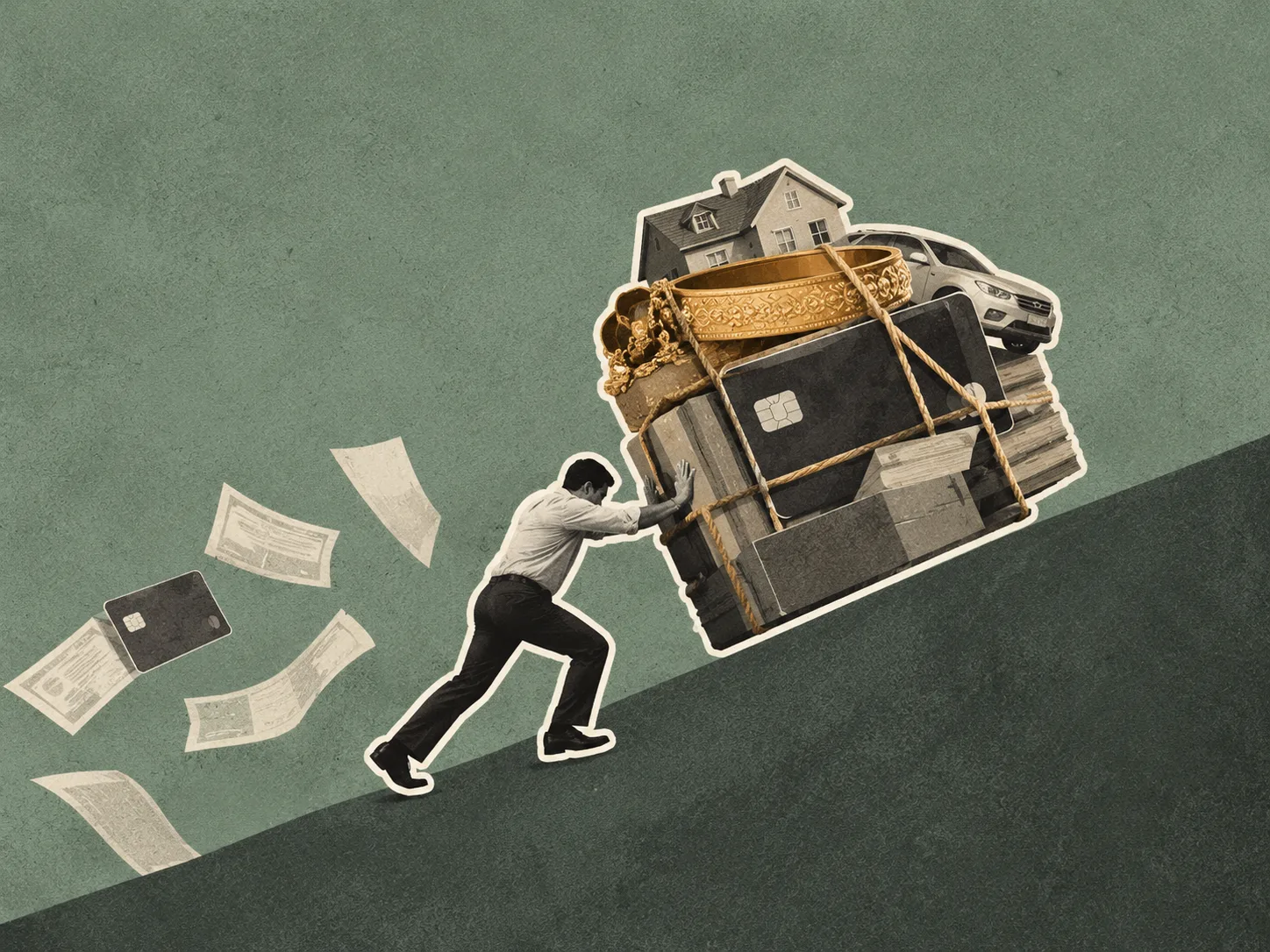 Editorial collage illustration of a man pushing a large stack of financial obligations uphill, featuring gold jewellery, a credit card, a house, a car and loan documents against a muted sage-green background. The artwork represents the changing patterns of personal borrowing in India, particularly t